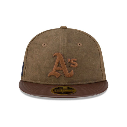 Pictured is this MLB Utility Linen Oakland Athletics Retro Crown 59FIFTY Fitted cap in open brown. 3