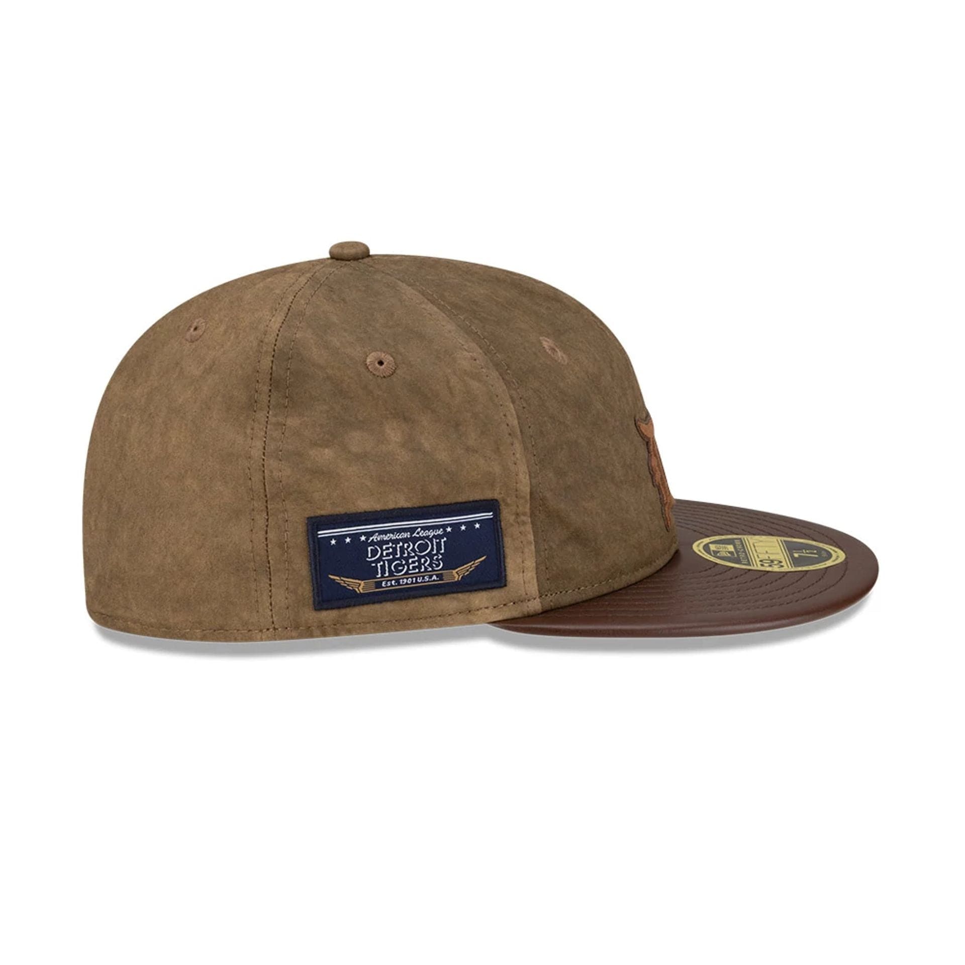 Pictured is this MLB Utility Linen Detroit Tigers Retro Crown 59FIFTY Fitted cap in open brown. 5
