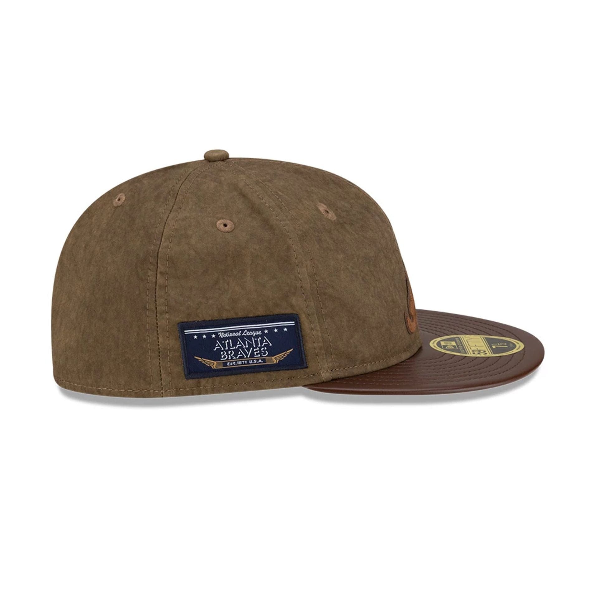 Pictured is this MLB Utility Linen Atlanta Braves Retro Crown 59FIFTY Fitted cap in open brown. 5