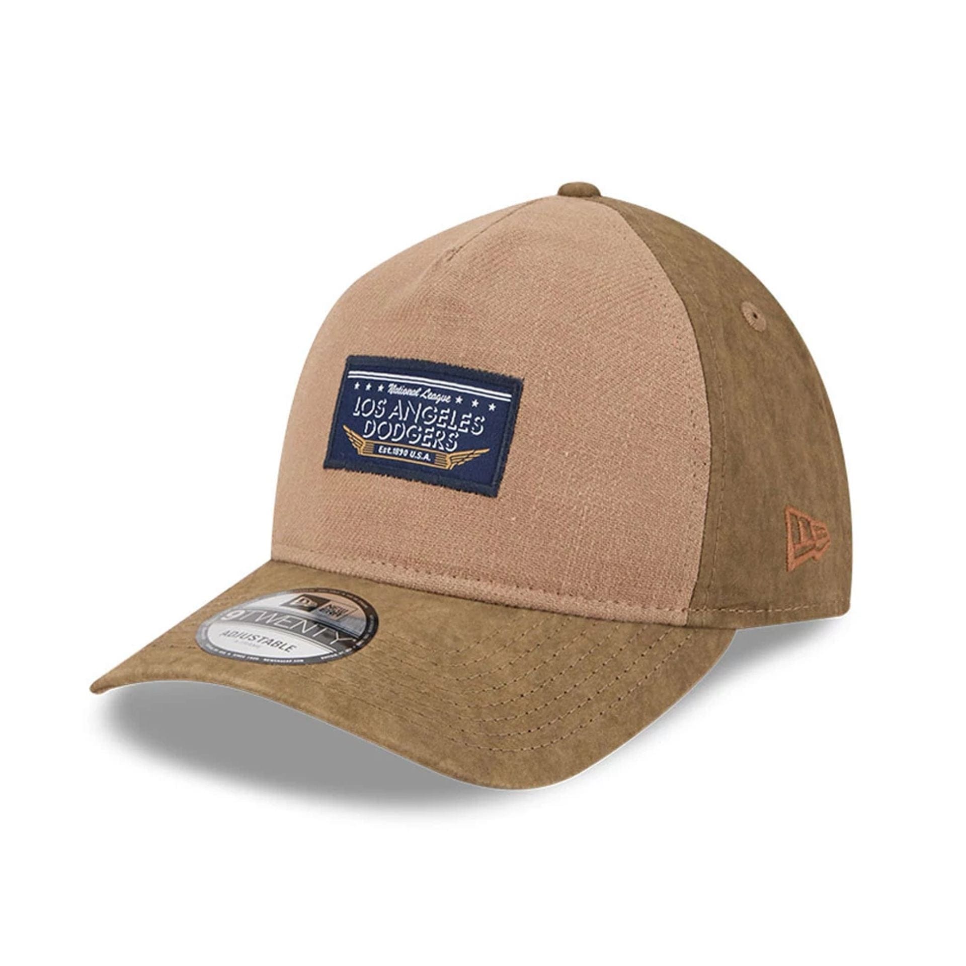 Pictured is this MLB Utility Linen LA Dodgers 9TWENTY A-Frame cap in open brown. 3