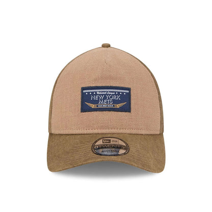 Pictured is this MLB Utility Linen New York Mets 9TWENTY A-Frame cap in open brown. 2