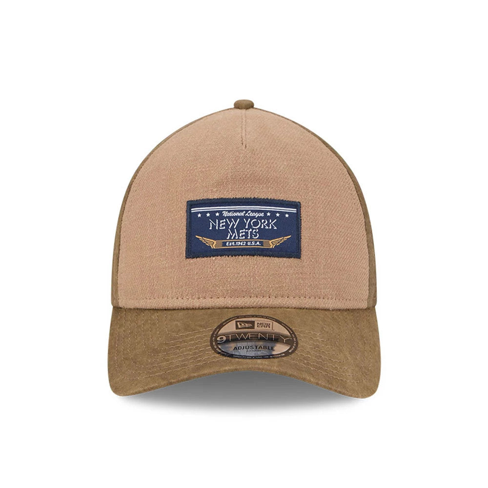 New York Mets MLB Open Brown New Era 9TWENTY A-Frame Adjustable Cap, front view showing a navy patch with white embroidered text on the structured brown crown, brown visor with a 9TWENTY size sticker.