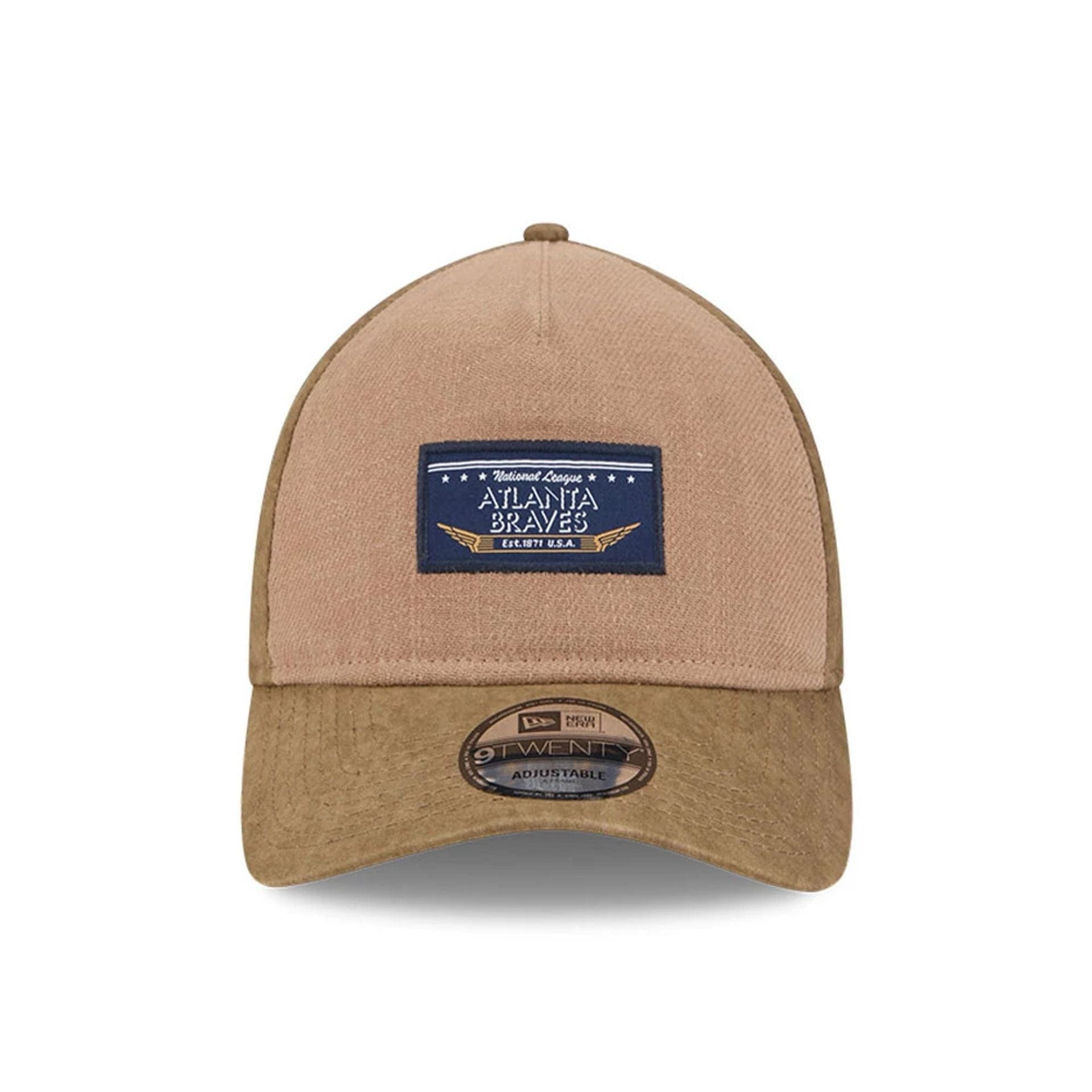 Pictured is this MLB Utility Linen Atlanta Braves 9TWENTY A-Frame cap in open brown. 2