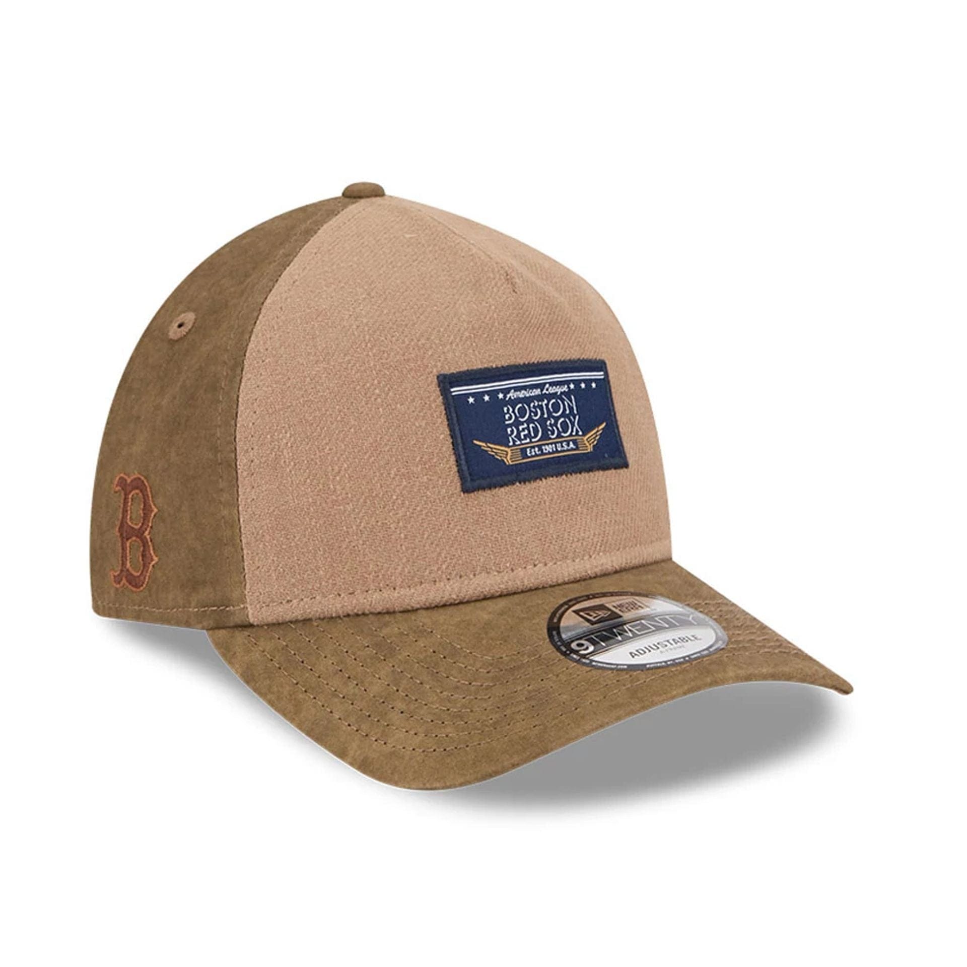Pictured is this MLB Utility Linen Boston Red Sox 9TWENTY A-Frame cap in open brown. 1