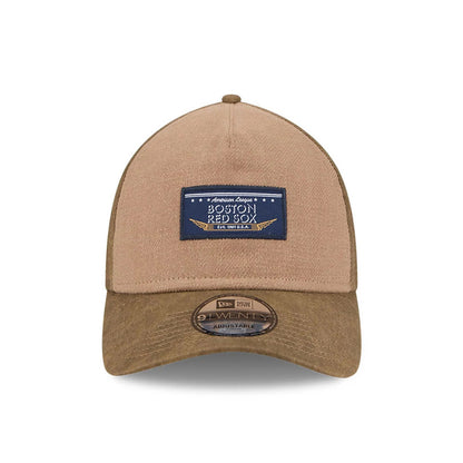 Pictured is this MLB Utility Linen Boston Red Sox 9TWENTY A-Frame cap in open brown. 2