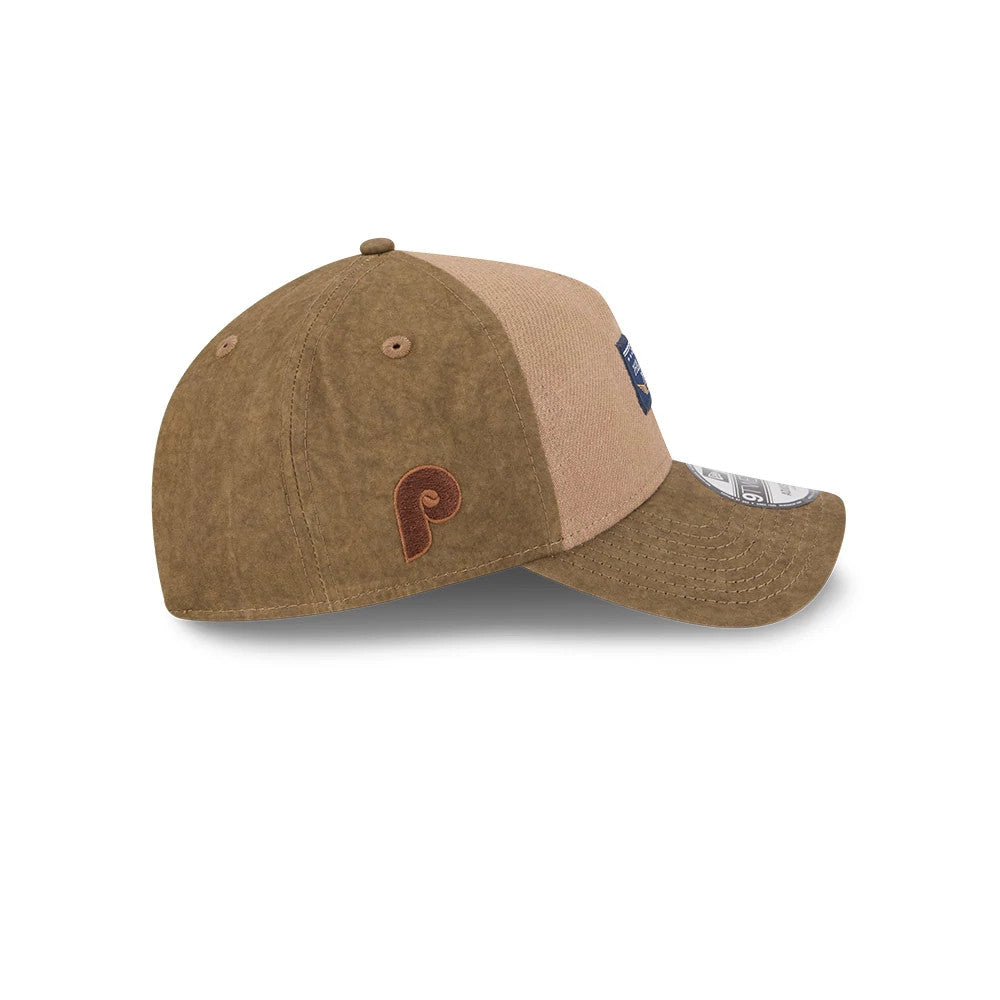 Pictured is this MLB Utility Linen Philadelphia Phillies 9TWENTY A-Frame cap in open brown. 4
