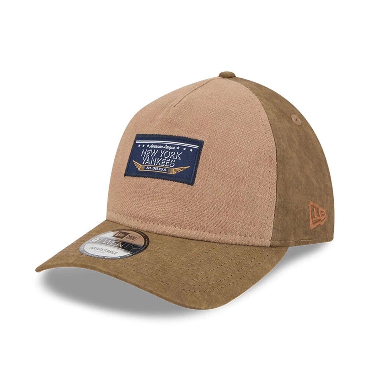 Pictured is this MLB Utility Linen New York Yankees 9TWENTY A-Frame cap in open brown. 3