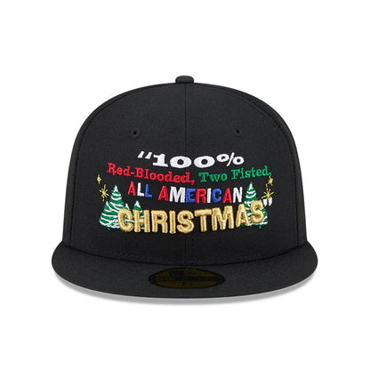 A Christmas Story Warner Brothers Black New Era 59FIFTY Fitted Cap, front view showing multicoloured embroidered text and holiday tree motifs on the black structured crown, with a flat visor and gold 59FIFTY size sticker.