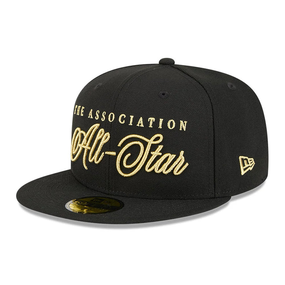 NBA All Star Game 2026 Black New Era 59FIFTY Fitted Cap, three-quarter view showing gold embroidered The Association All-Star across the black front panels, a matching gold New Era flag logo on the left side.