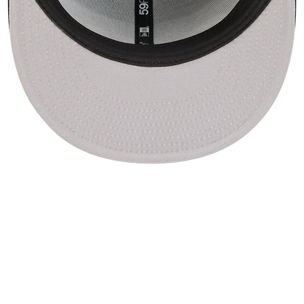 NBA All Star Game 2026 Black New Era 59FIFTY Fitted Cap, inside view showing the grey undervisor, black sweatband and branded taping along the seams, with a clear view of the 59FIFTY label at the centre.
