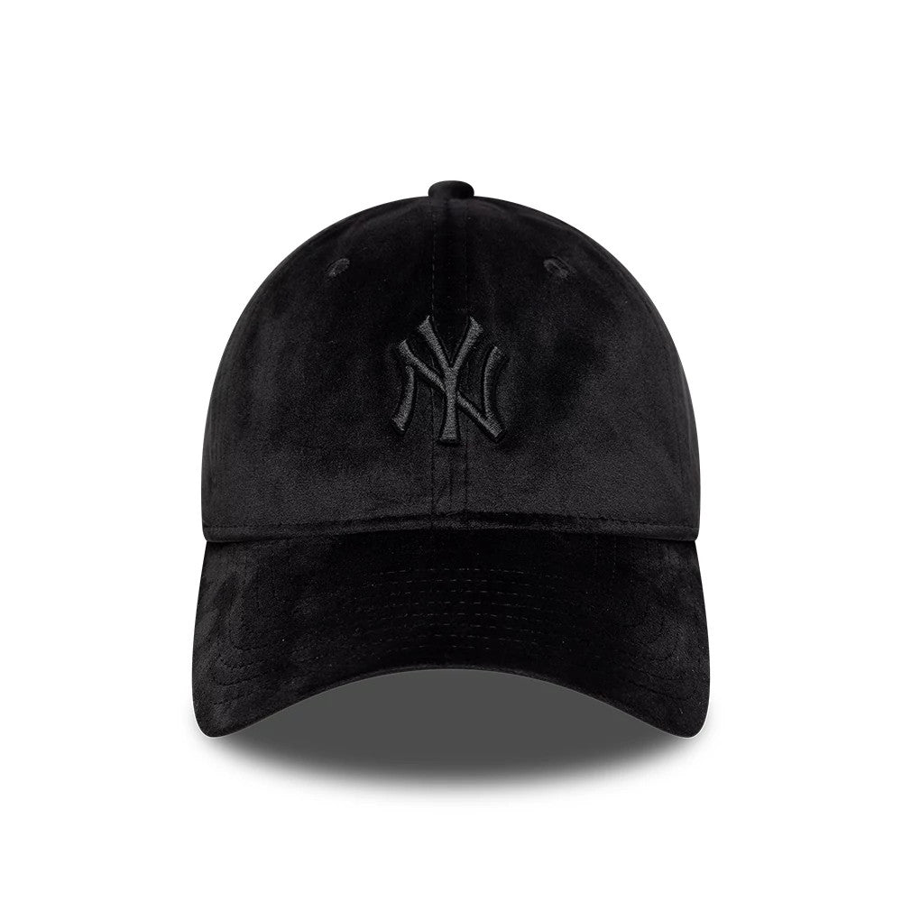 New York Yankees MLB Velour Black New Era 9TWENTY Bow Back Adjustable Cap, front view showing a black NY logo in raised embroidery on the structured velour crown and a matching curved visor with stitching details.
