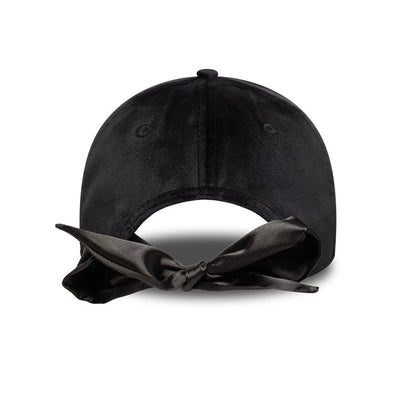 New York Yankees MLB Velour Black New Era 9TWENTY Bow Back Adjustable Cap, rear view showing the elegant black bow tied at the back of the soft velour crown, with eyelets and a top button matching the cap’s black finish.