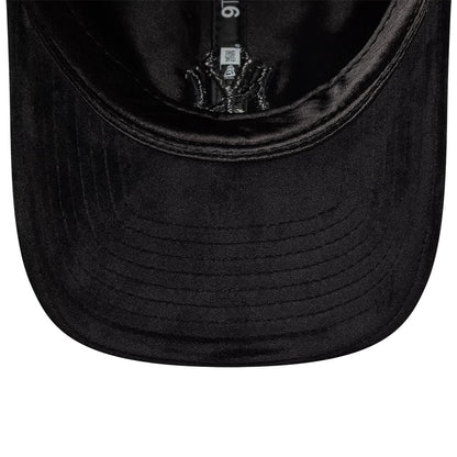 New York Yankees MLB Velour Black New Era 9TWENTY Bow Back Adjustable Cap, inside view showing the black undervisor and black taping with New Era branding, highlighting the velour texture and adjustable strap.