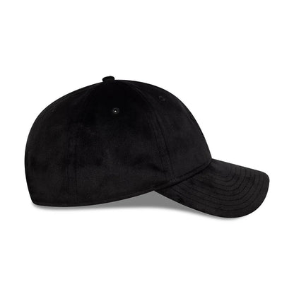 New York Yankees MLB Velour Black New Era 9TWENTY Bow Back Adjustable Cap, side view showing the soft black velour finish, curved visor, and embroidered eyelets on the unstructured crown.