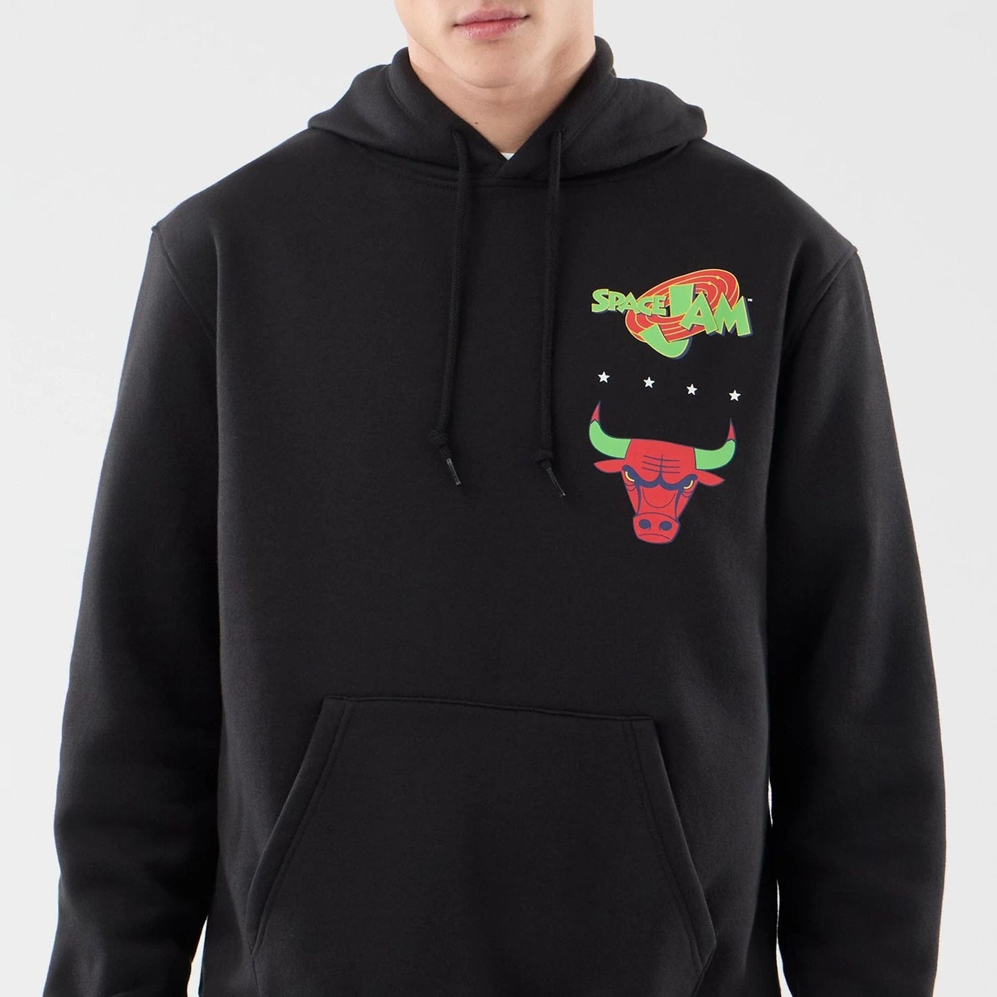 The model is wearing this Space Jam 2 X NBA Chicago Bulls Pullover Hoodie in black. 3