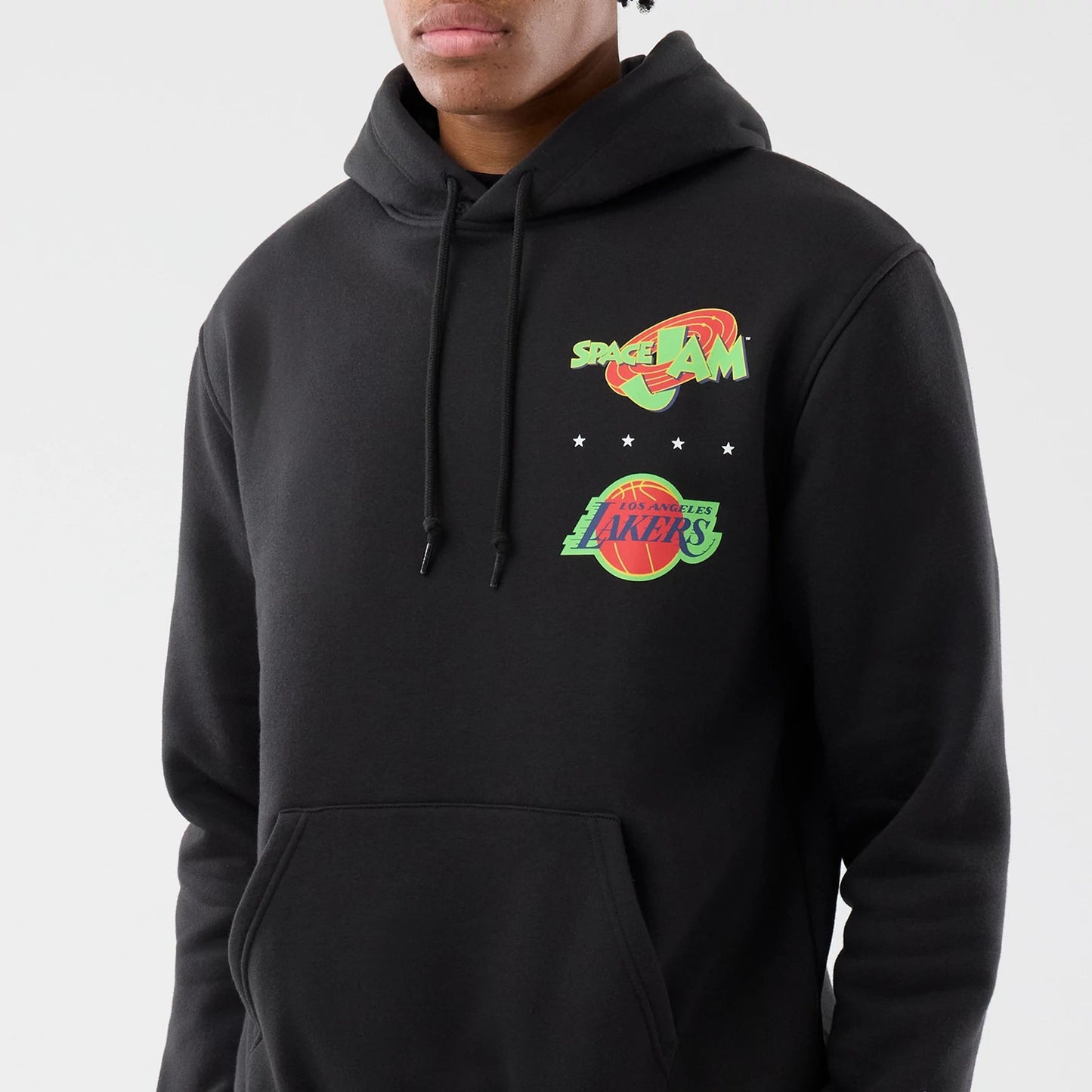 The model is wearing this Space Jam 2 X NBA LA Lakers Pullover Hoodie in black. 3