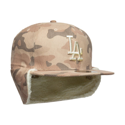 LA Dodgers MLB Cord Light Beige Downflap New Era 59FIFTY Fitted Cap, three-quarter view showing the white raised LA logo on the front panel, camouflage corduroy pattern, and downflap with cream sherpa lining.