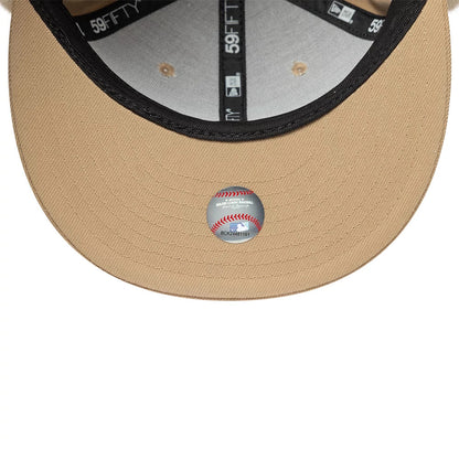 LA Dodgers MLB World Series Light Beige New Era Dogear 59FIFTY Fitted Cap, inside view showing a grey undervisor, black taping with 59FIFTY branding and a Major League Baseball size sticker on the beige fabric.