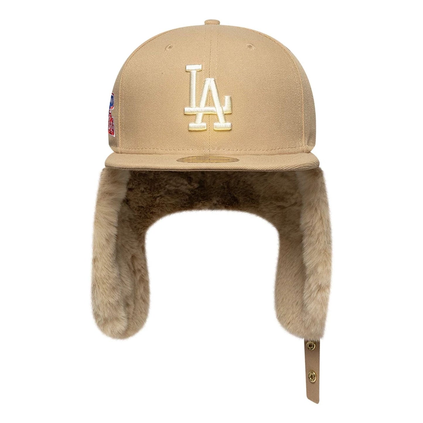Pictured is this MLB World Series LA Dodgers Dogear 59FIFTY Fitted cap in light beige. 8