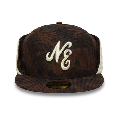 Pictured is this New Era Cord Downflap 59FIFTY Fitted cap in dark brown. 3