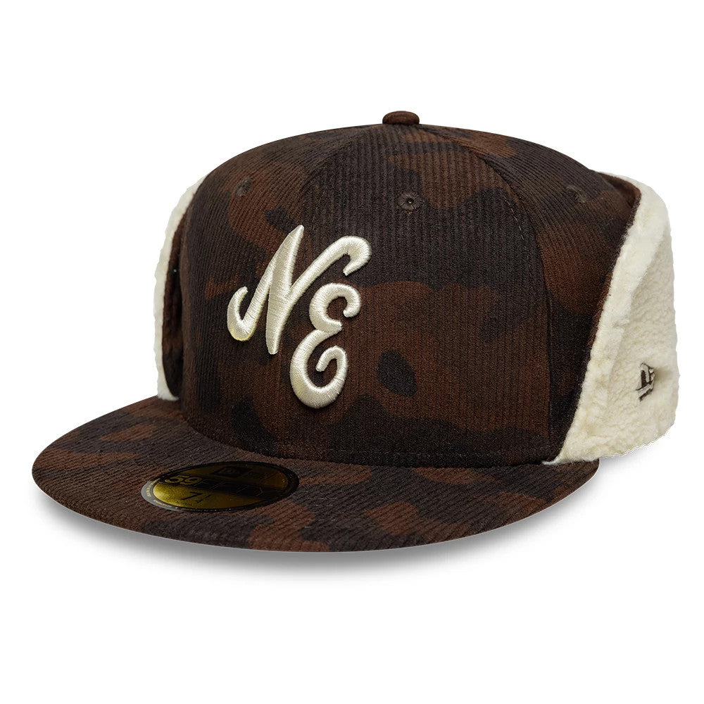 New Era Cord Dark Brown Downflap 59FIFTY Fitted Cap, three-quarter view with raised beige NE embroidery on the front panel, a flat brown camo visor with a gold 59FIFTY size sticker, and fleece-lined downflaps.