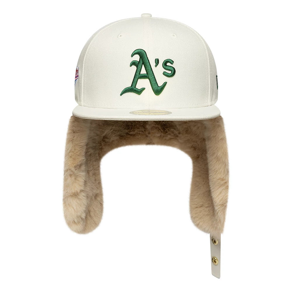 Pictured is this MLB World Series Athletics Dogear 59FIFTY Fitted cap in cream. 7