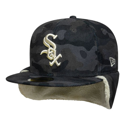 Pictured is this MLB Cord Chicago White Sox Downflap 59FIFTY Fitted cap in black. 2