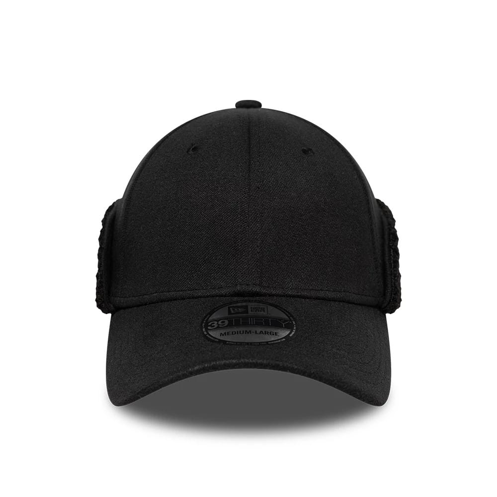 Pictured in this New Era Black 39THIRTY Downflap Stretch Fit Cap 3
