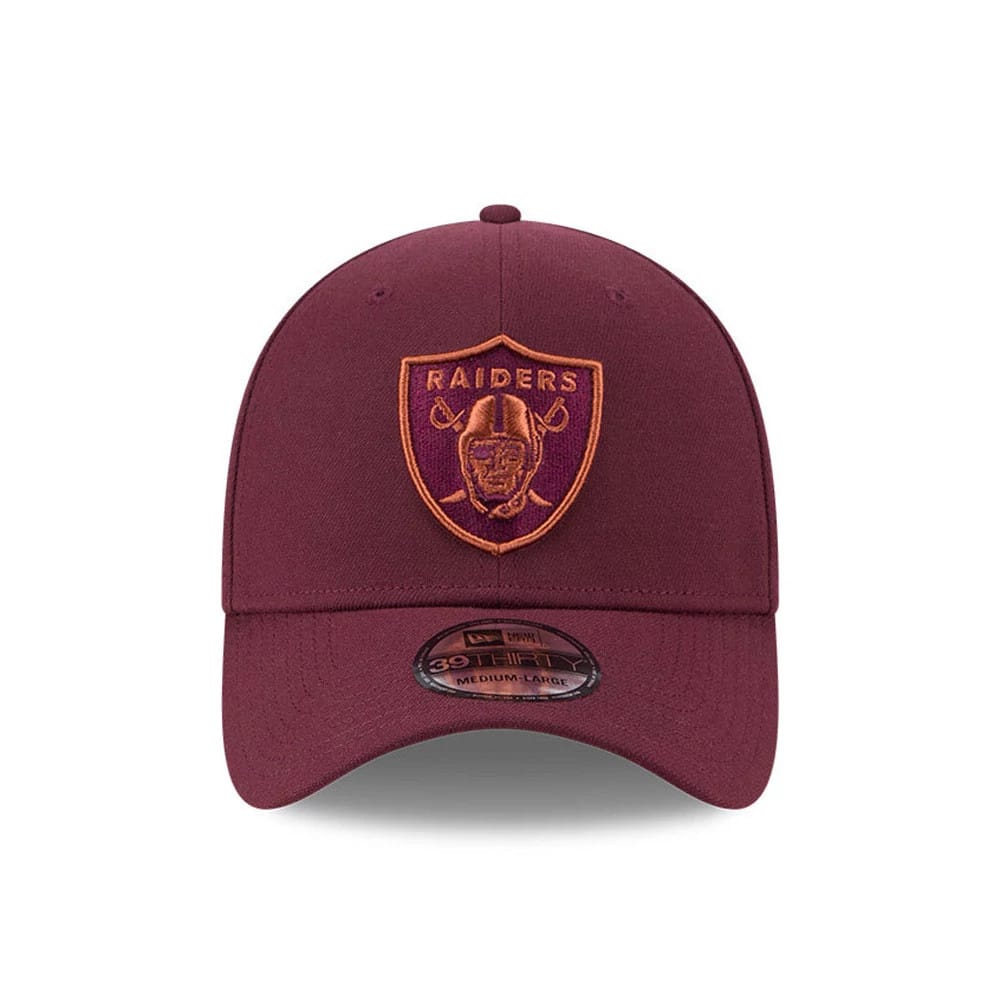 Pictured is this NFL Frosted Rust Las Vegas Raiders 39THIRTY Stretch Fit cap in dark red. 3