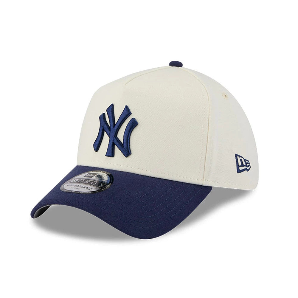 Pictured is this MLB Chrome New York Yankees 39THIRTY A-Frame Stretch Fit cap in cream. 1