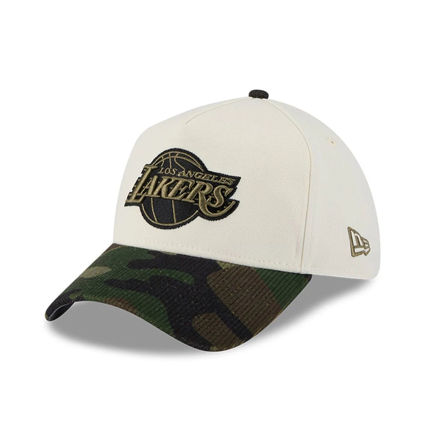 Pictured is this NBA Camo Visor LA Lakers 39THIRTY A-Frame Stretch Fit cap in Cream. 1