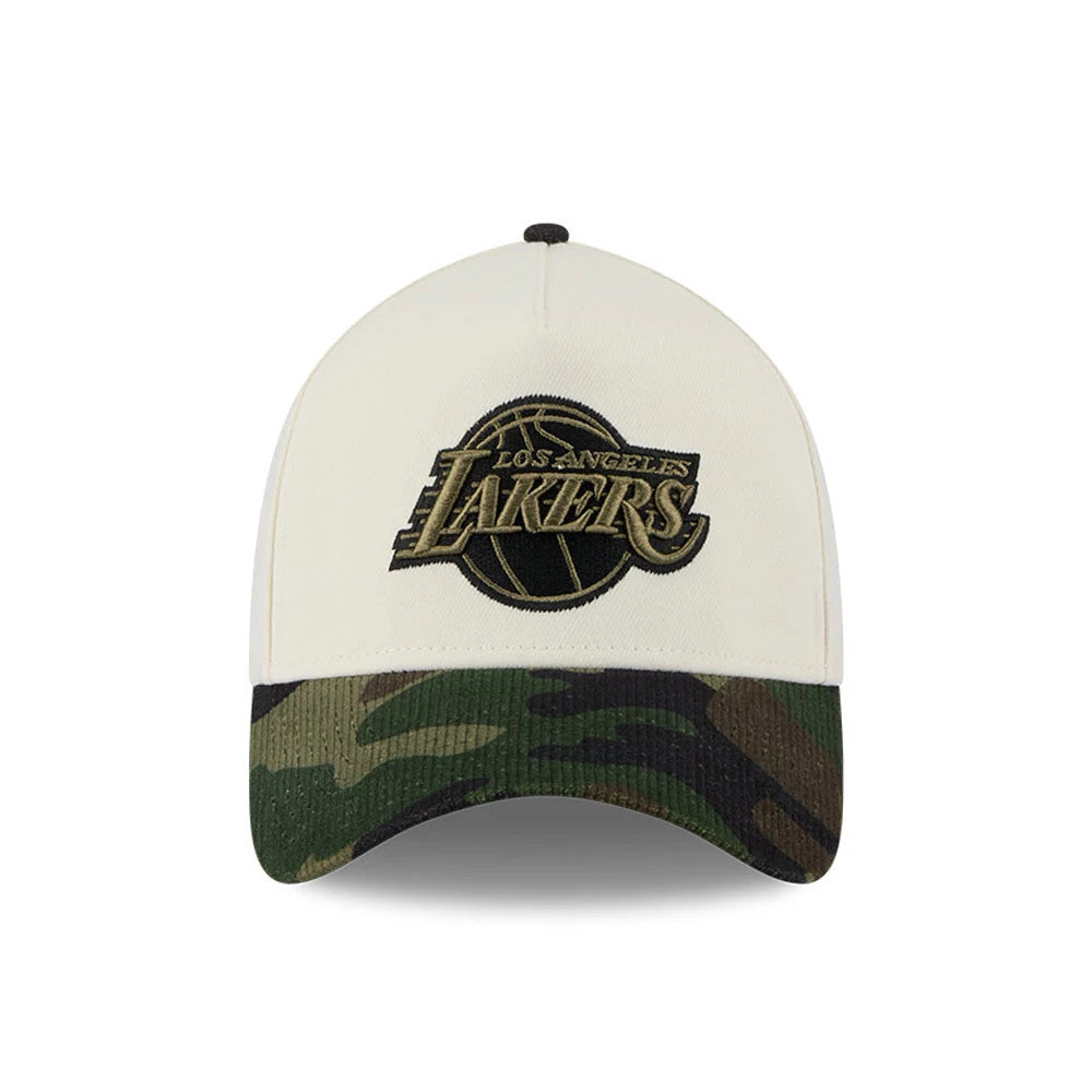 Pictured is this NBA Camo Visor LA Lakers 39THIRTY A-Frame Stretch Fit cap in Cream. 3