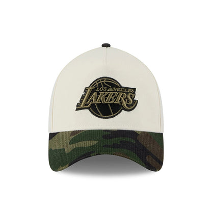 Pictured is this NBA Camo Visor LA Lakers 39THIRTY A-Frame Stretch Fit cap in Cream. 3