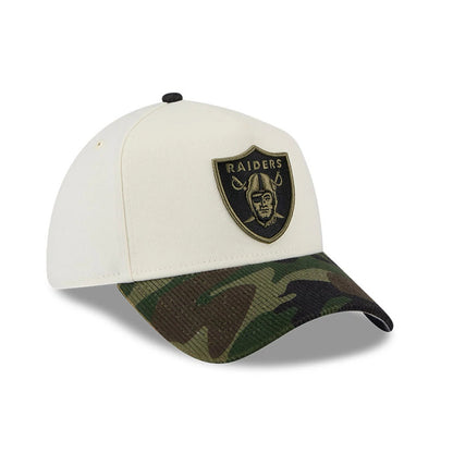 Pictured is this NFL Camo Visor Las Vegas Raiders 39THIRTY A-Frame Stretch Fit cap in white. 4