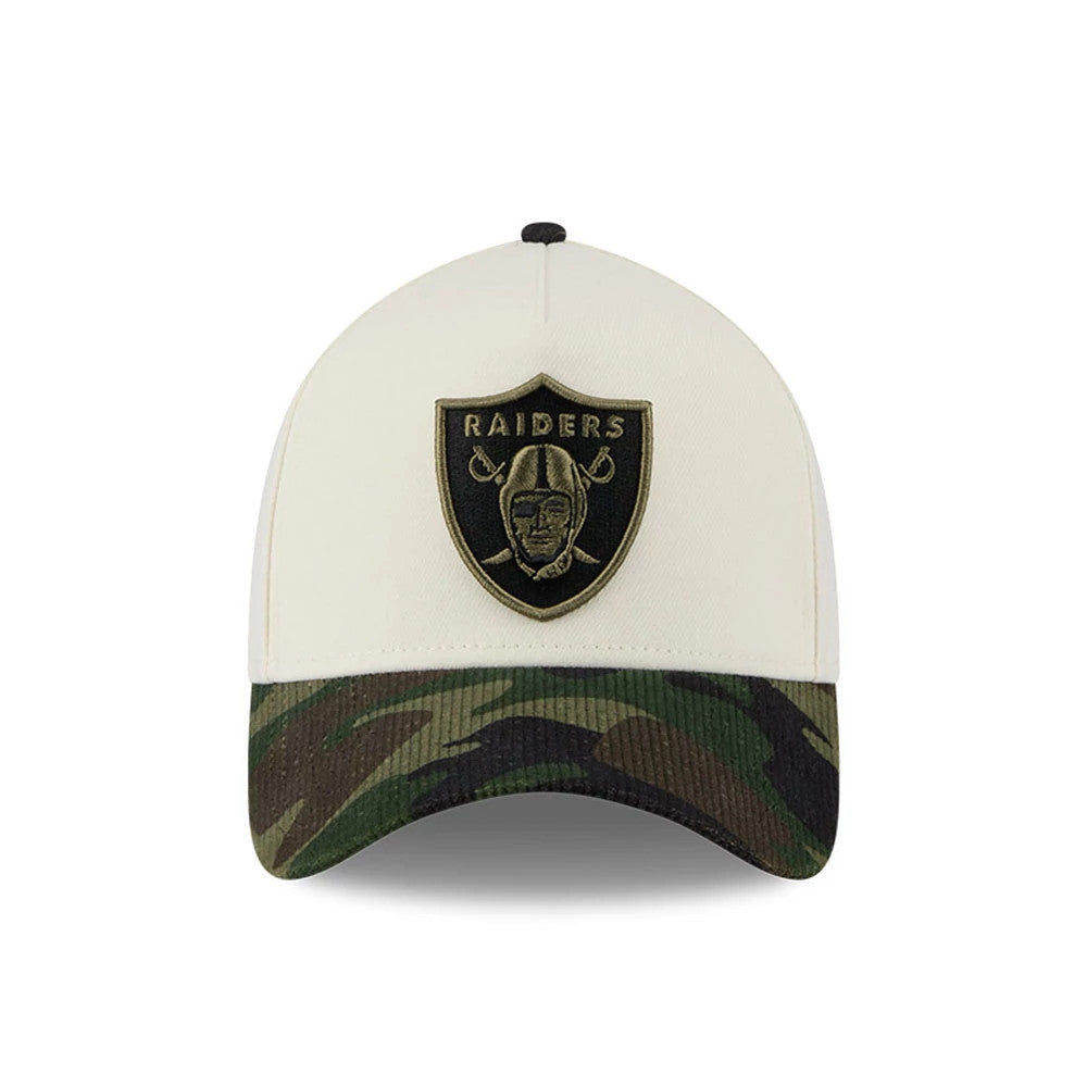 Pictured is this NFL Camo Visor Las Vegas Raiders 39THIRTY A-Frame Stretch Fit cap in white. 3