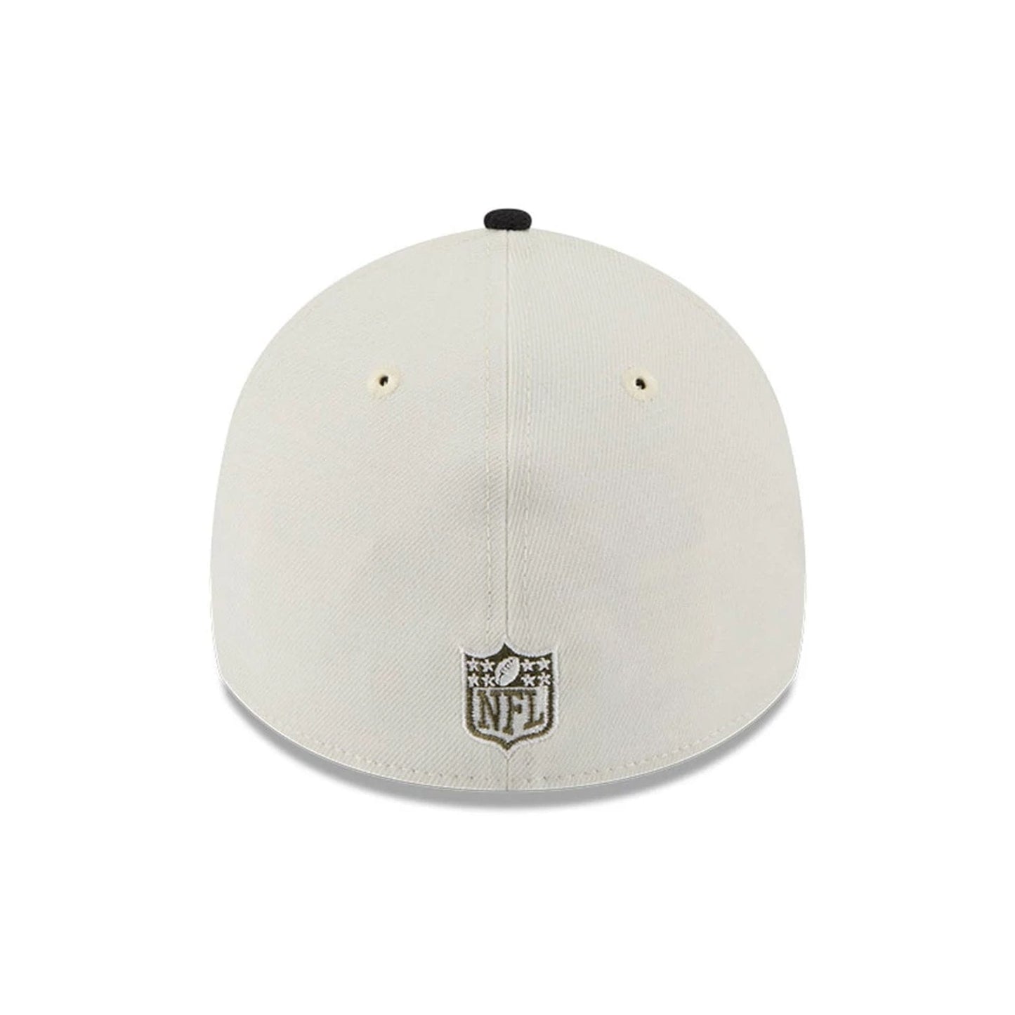 Pictured is this NFL Camo Visor Las Vegas Raiders 39THIRTY A-Frame Stretch Fit cap in white. 7