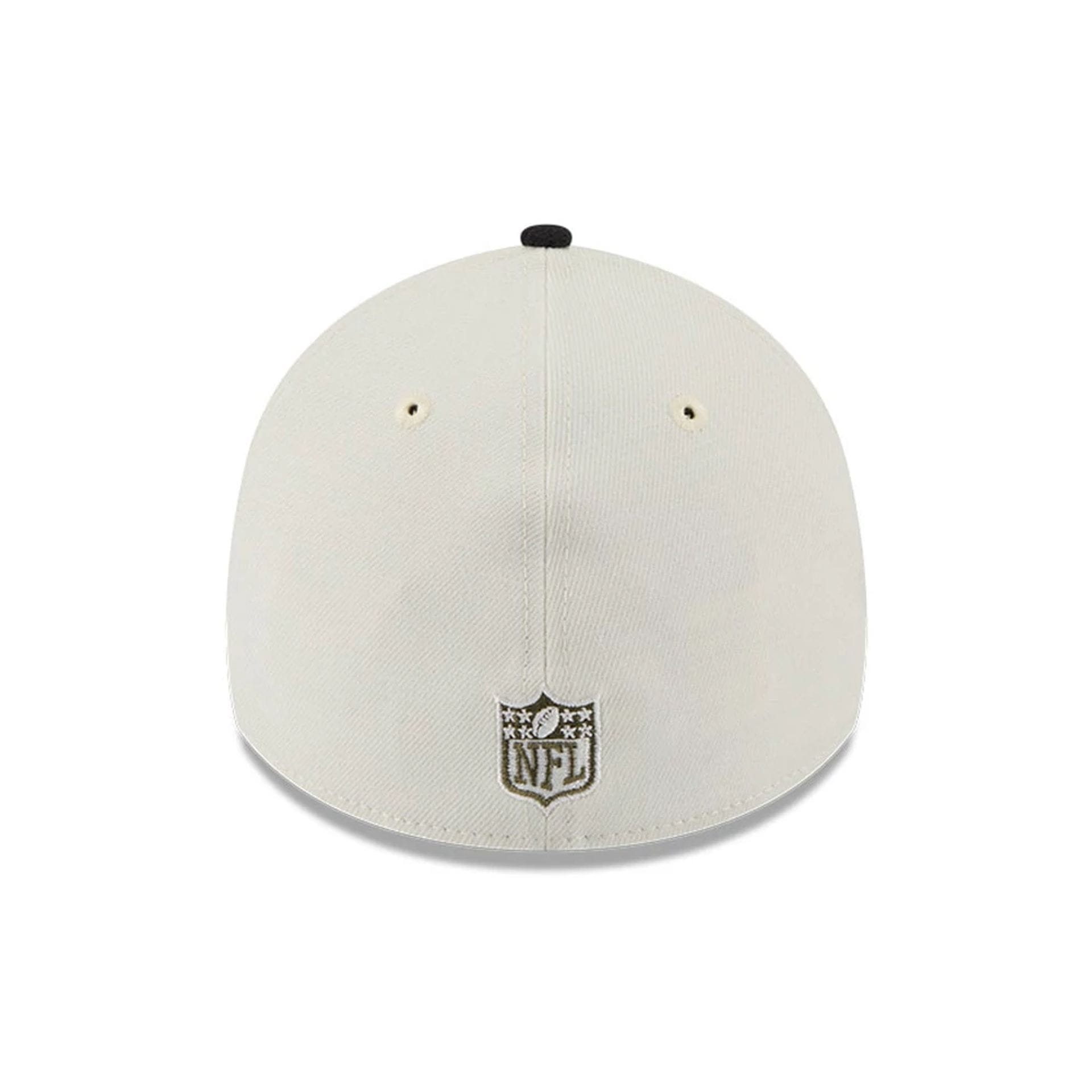 Pictured is this NFL Camo Visor Las Vegas Raiders 39THIRTY A-Frame Stretch Fit cap in white. 7