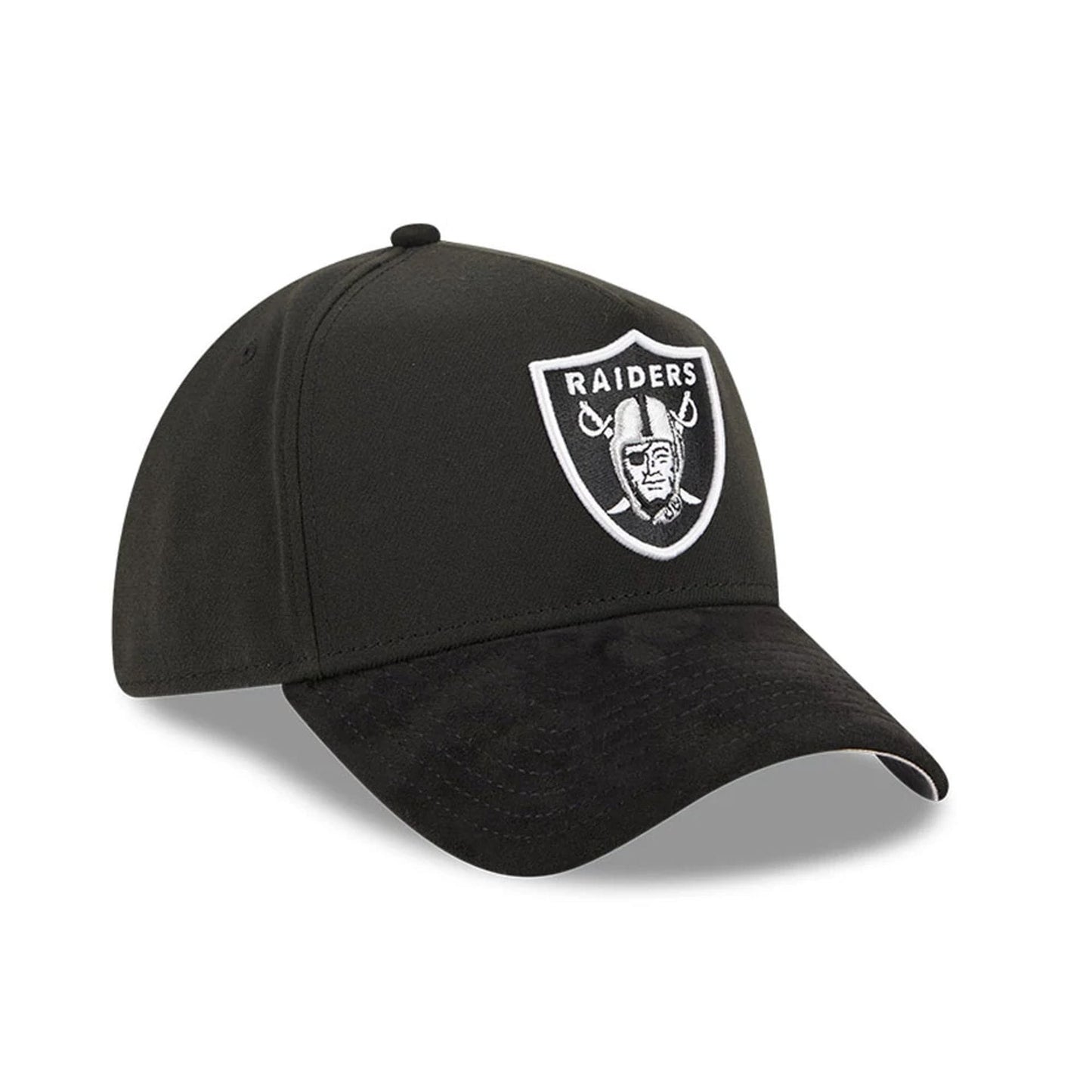 Pictured is this NFL Suede Las Vegas Raiders 39THIRTY A-Frame Stretch Fit cap in Black. 4