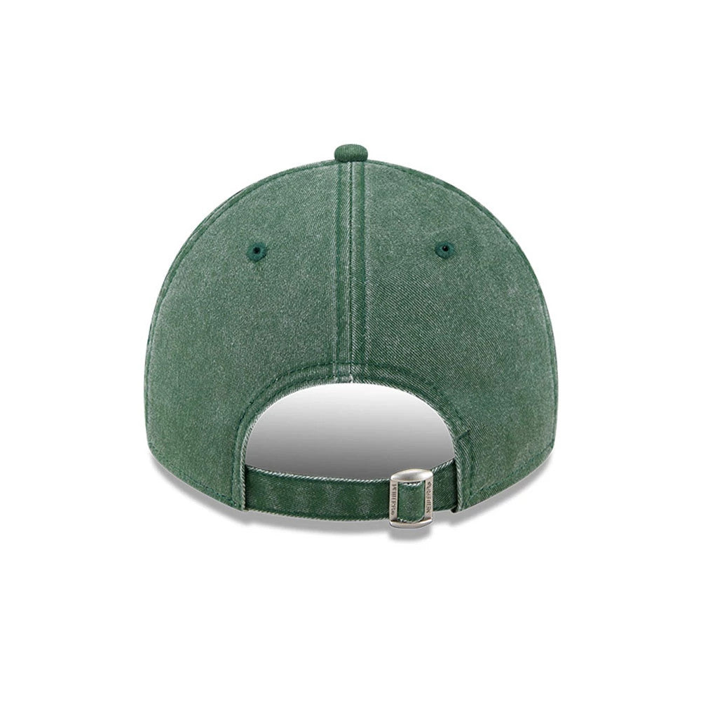 LA Dodgers MLB Overwash Dark Green New Era 9TWENTY Adjustable Cap, rear view showing the dark green washed cotton fabric with a buckle closure and embroidered eyelets on the relaxed, unstructured crown.