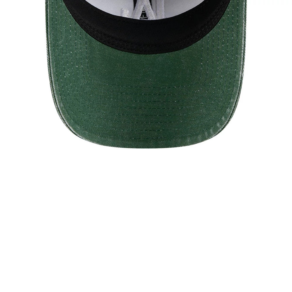 LA Dodgers MLB Overwash Dark Green New Era 9TWENTY Adjustable Cap, underside view showing the green undervisor beneath the curved visor and white embroidered LA logo from this angle.