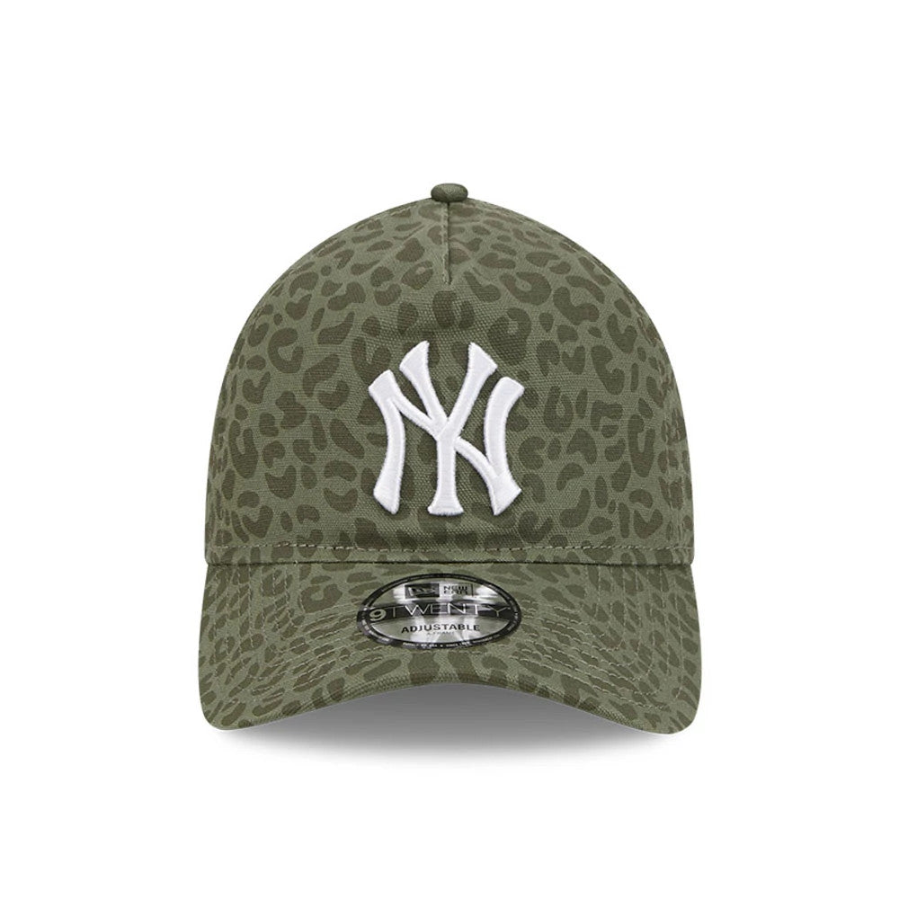 New York Yankees MLB Leopard Green New Era 9TWENTY A-Frame Adjustable Cap, front view showing a white raised embroidered NY logo on the leopard green cap with a curved visor and 9TWENTY size sticker.