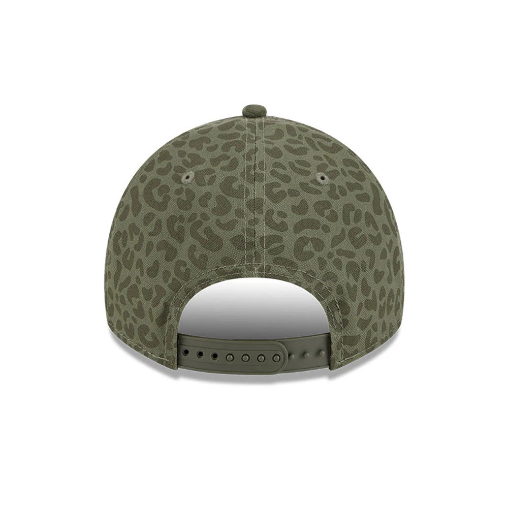 New York Yankees MLB Leopard Green New Era 9TWENTY A-Frame Adjustable Cap, rear view showing the adjustable strap closure and all-over green leopard print design on a structured crown with two eyelets.