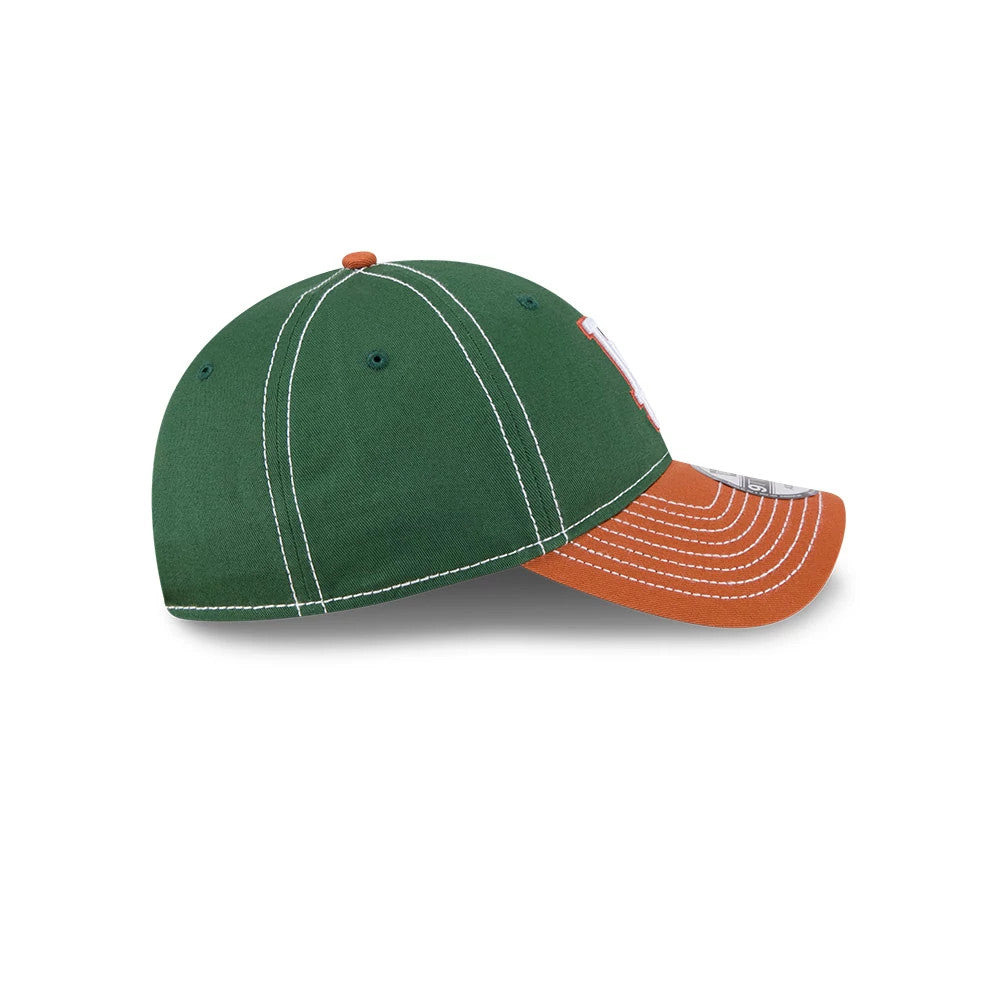 LA Dodgers MLB 2Tone Dark Green New Era 9TWENTY Adjustable Cap, side view with white New Era flag logo on the left side, showing orange visor, eyelets on the green crown, and contrasting stitching.