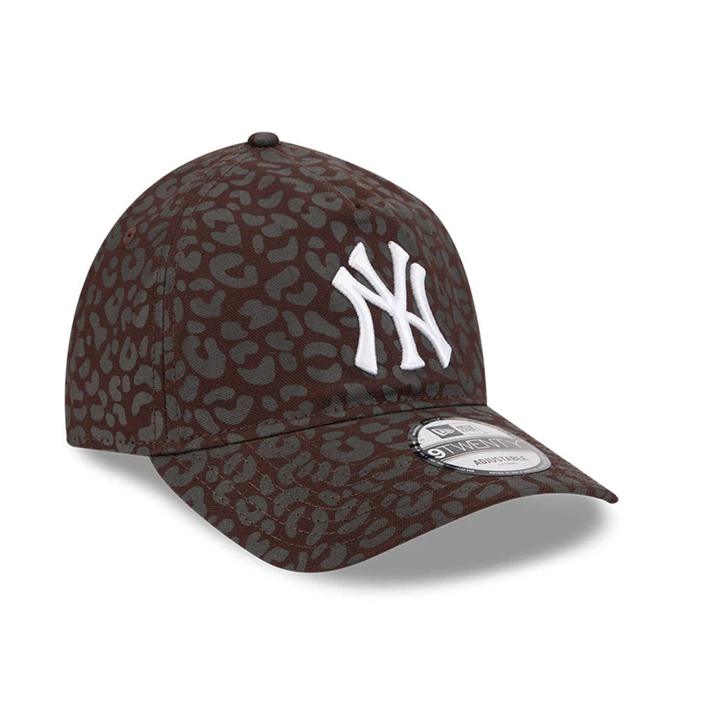 New York Yankees MLB Leopard Dark Brown New Era 9TWENTY A-Frame Adjustable Cap, three-quarter view showing the white embroidered NY logo on the front panel, with a dark brown leopard pattern and a 9TWENTY size sticker on the curved visor.