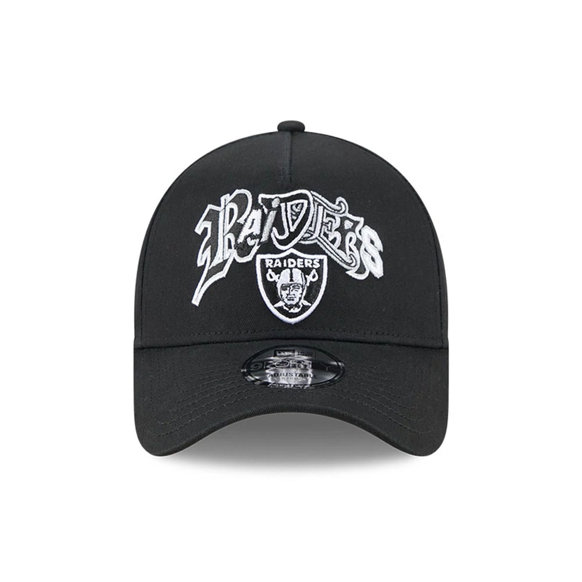 Pictured is this NBA Multi Letter Las Vegas Raiders 9FORTY A-Frame cap in black. 3