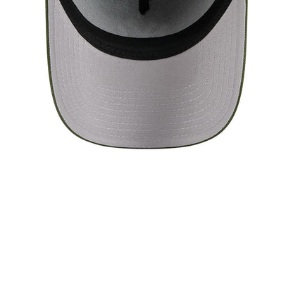 New York Yankees MLB Autumn Mix Dark Green New Era 9FORTY A-Frame Adjustable Cap, inside view showing the grey undervisor with a black sweatband lining the edge and contrast stitching throughout.