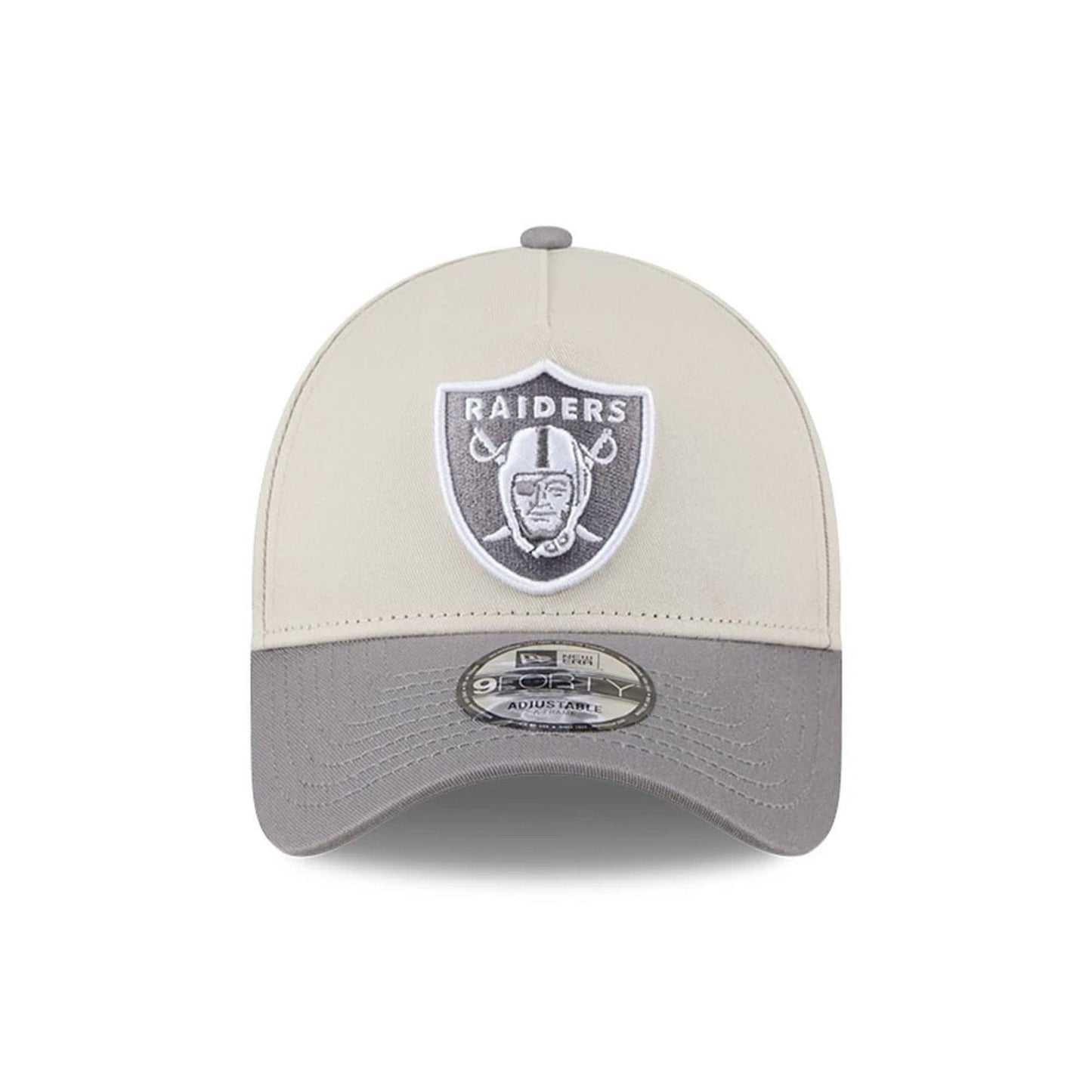 Pictured is this NFL Stone Storm Las Vegas Raiders 9FORTY A-Frame cap in light beige. 2