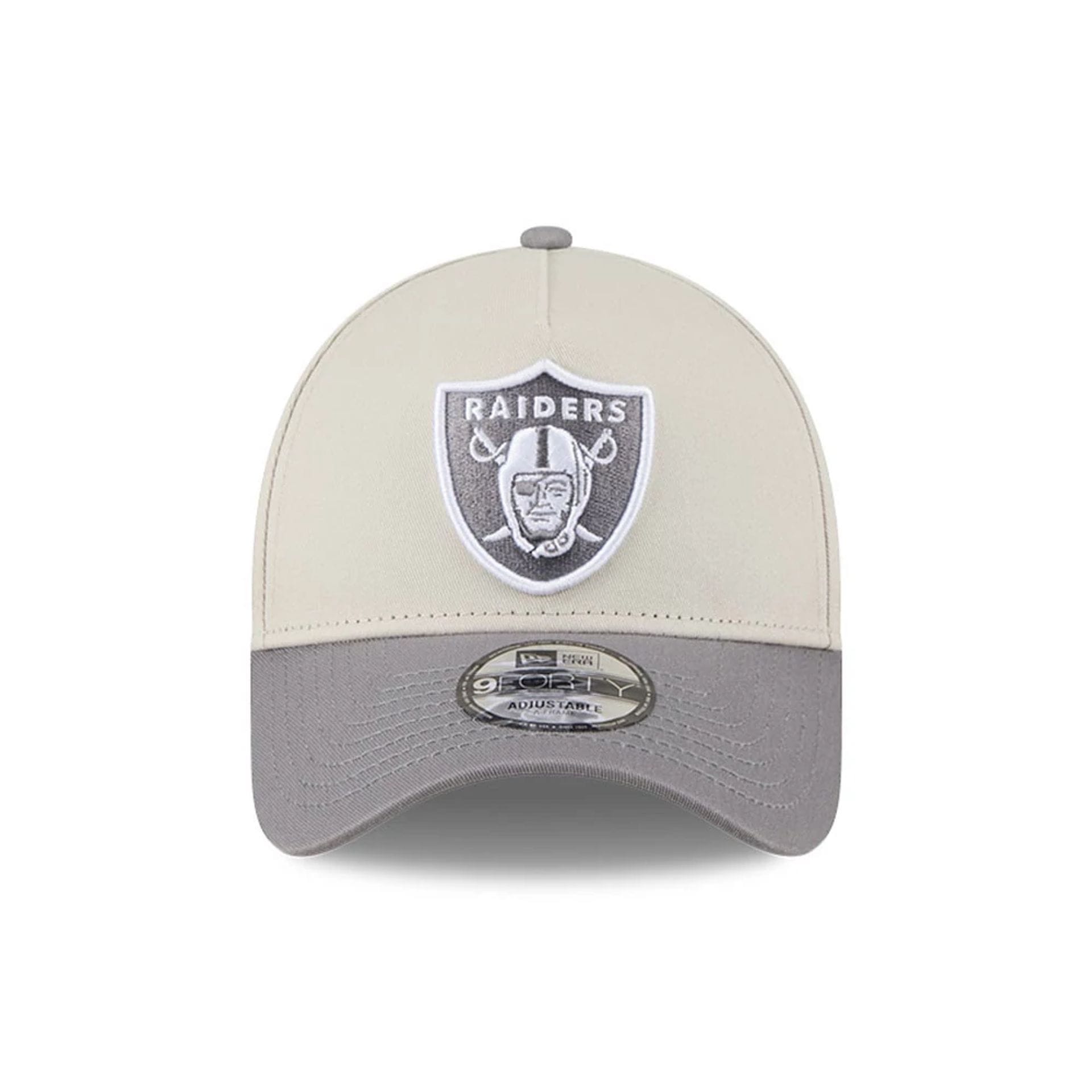 Pictured is this NFL Stone Storm Las Vegas Raiders 9FORTY A-Frame cap in light beige. 2