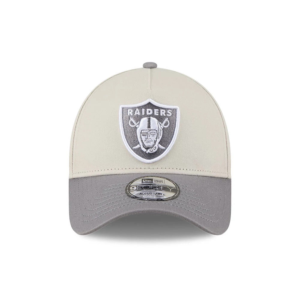 Pictured is this NFL Stone Storm Las Vegas Raiders 9FORTY A-Frame cap in light beige. 2