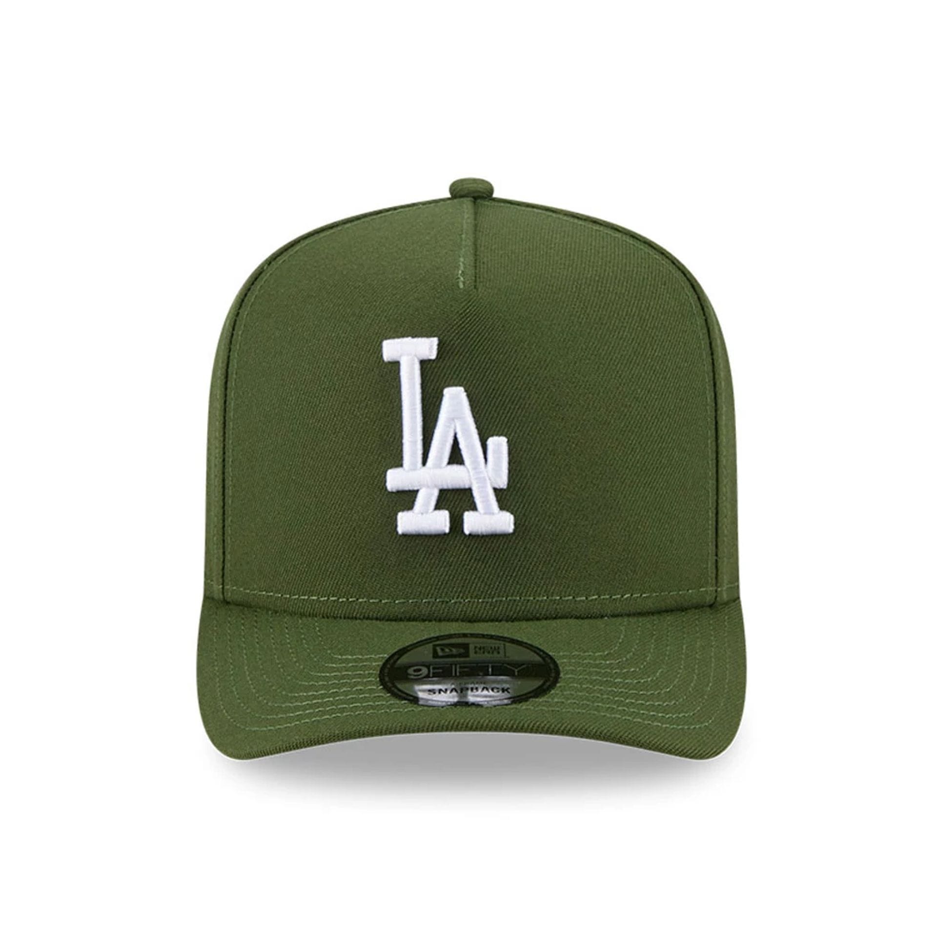 Pictured is this MLB Rifle Green LA Dodgers 9FIFTY A-Frame Snapback cap in dark green. 3